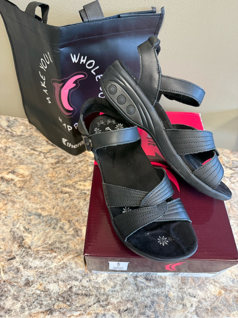 Therafit Women's Black Strappy Comfort Sandals with Adjustable Ankles Size 38